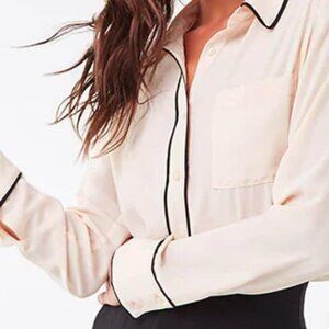Cream Shirt with Black Trim Contrast-Piping Long-Sleeve V neck Blouse collared